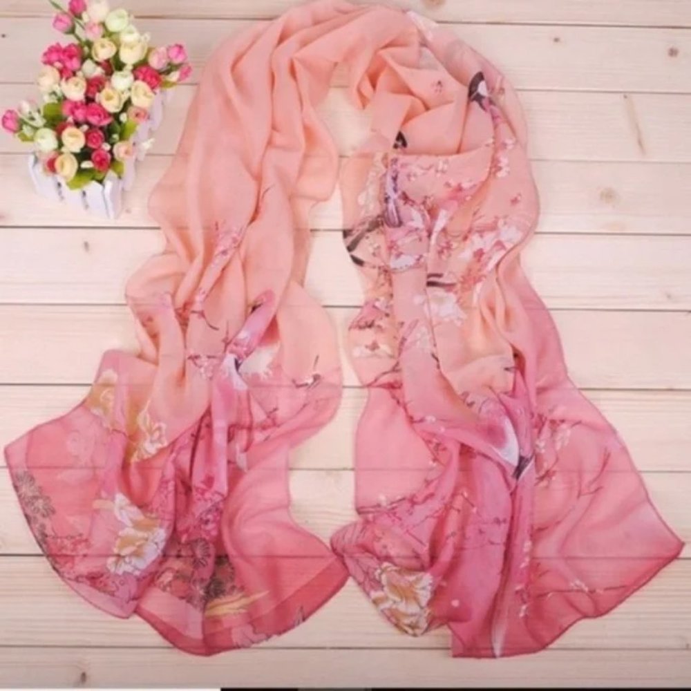 Shades of Pink Birds and Flowers Print Chiffon Scarf 62" x 19" New in Package